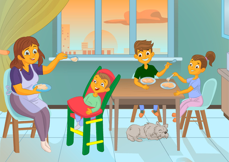 Nanny in the kitchen is feeding the child and family cartooonのイラスト素材