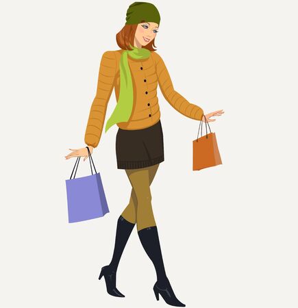 Pretty teenage girl in a jacket with shoppingのイラスト素材