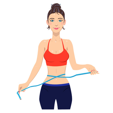 Young slim woman measuring waist with tape.illustration of slim lady with measuring tapeのイラスト素材