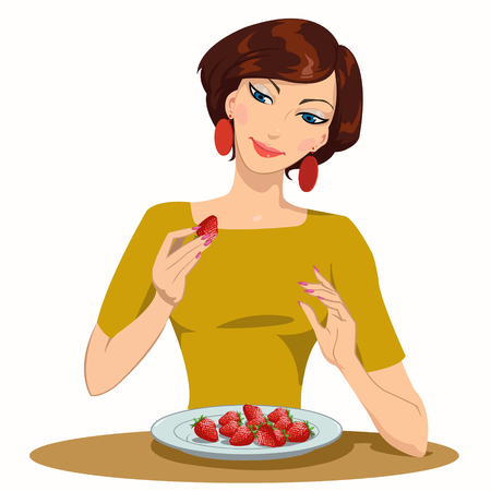 Girl eats strawberriesのイラスト素材