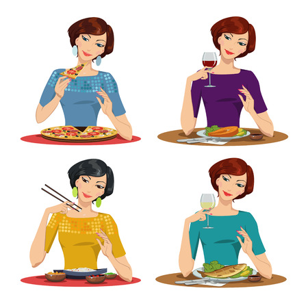 Beautiful girl eats a delicious meal. set of four illustrationsのイラスト素材