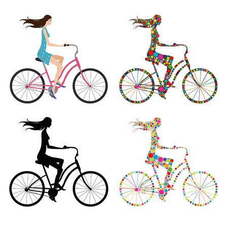 Young girl riding a bicycle. Set of four illustrationsのイラスト素材