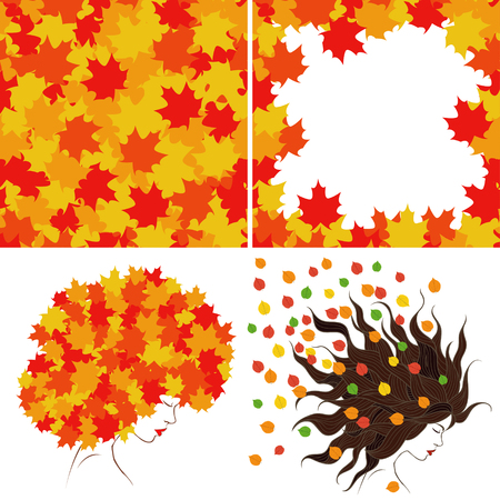 bright autumn leaves and girl's profile. Set of four illustrationsのイラスト素材