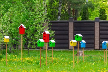 multi-colored birdhouses placed on polesの写真素材