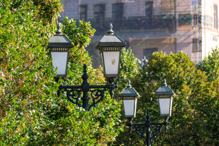 Similar to the old lanterns. One has a punctured side surface. Surrounded by green trees against the...