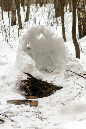 Wind protection. Made from snow. There is a campfire site nearby. Broken barbecue. Forest. The park....