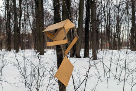 Broken plywood bird feeder hanging on tree