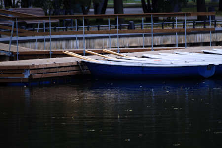 Pleasure rowing boats in the pond stand near the pier. Autumn leaves float on the water.の写真素材