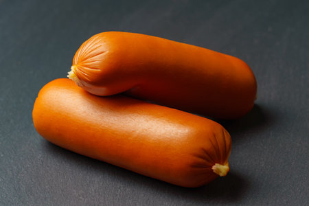 Large sausages in a natural shell lie on top of each other. On a dark background.の写真素材
