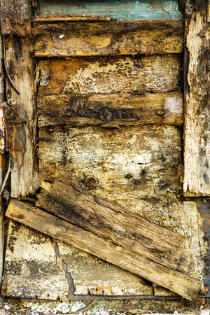 Very old door made of rotten boards with traces of metal parts