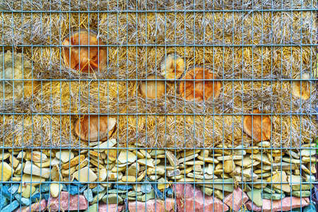 texture. Stones, straw and logs behind bars