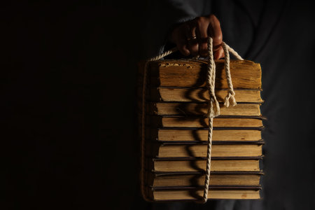 A hand will pull out of the darkness a stack of old books tied with ropeの写真素材