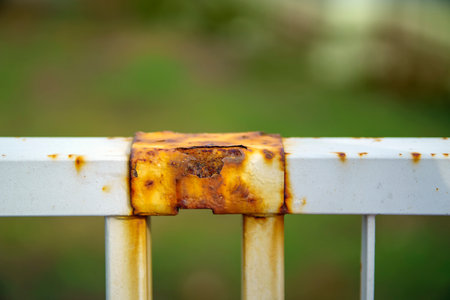 Rust on metallic railings of gray color with a blurred backgroundの写真素材
