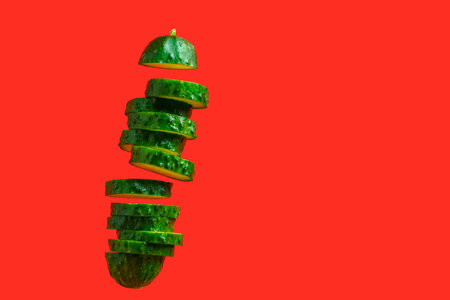 Slices of cut cucumber levitate on a red backgroundの写真素材