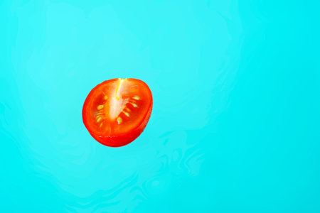 Half a red tomato with drops on a blue backgroundの写真素材