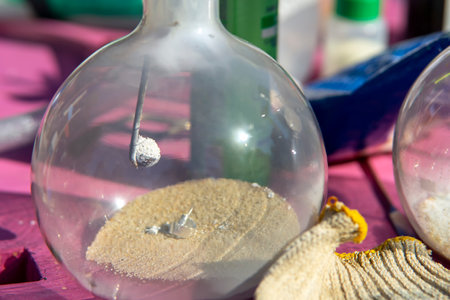 Chaimic white reagent inside the bulb in a special bucketの写真素材