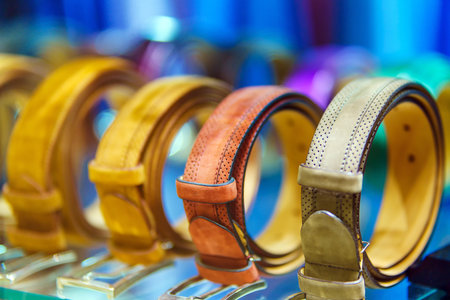Rows of mens trouser straps made of different types of leather and colorsの写真素材