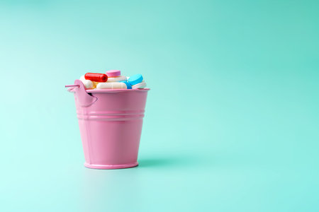 A full bucket of tablets. The concept of imposing unnecessary medical services.の写真素材