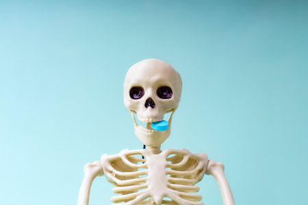 The concept of late treatment. Skeletal skull with a tablet in the teeth.の写真素材