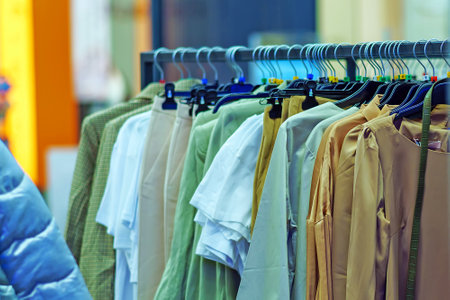 Various summer clothes of soft colors hang on a horizontal hangerの写真素材