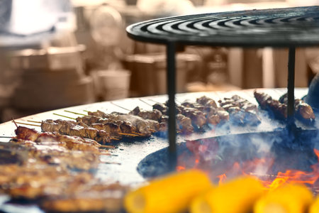 A lot of kebabs on wooden sticks are fried on a round grillの写真素材