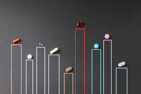 The concept of the results of the study of medicines. Different tablets in the diagram.の写真素材