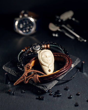 Eskimo head fishgurka made of walrus tusk as a keychain or talismanの写真素材