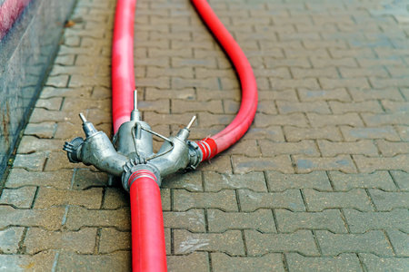red fire hose sidewalk distance, branching into twoの写真素材