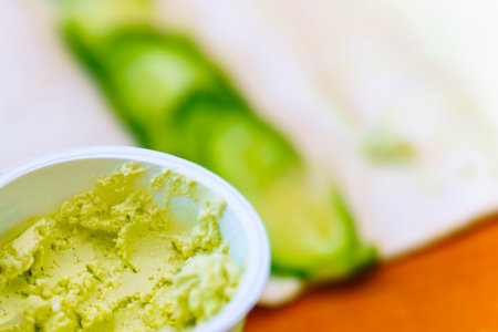 Cottage cheese with avocado on the background of foodの写真素材
