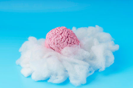 Concept of mental rest. Brain on a cloud on a blue background