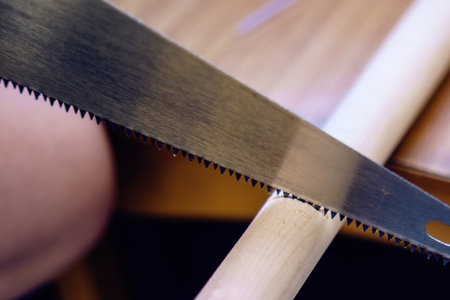 hand saw skillfully cutting through a sturdy branch, symbolizing craftsmanship and the connection between nature and human endeavor. The motion reflects an age-old technique of shaping woodの写真素材