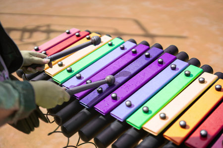 graceful female hands skillfully playing a vibrant xylophone, surrounded by a spectrum of colorful mallets. The scene captures the joy of music and creativityの写真素材