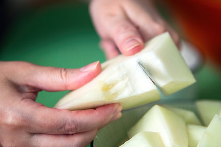 hand gracefully holds a slice of ripe melon, artfully cut into perfect squares, showing the freshness and vibrancy of summer fruitの写真素材