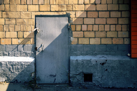 aged metal door, marked by time, features a carved-out section for the lock's tongue. This imperfection speaks of history, access, and the stories held behind closed doorsの写真素材