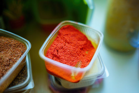 Vibrant red curry peppers showcase their rich color and tantalizing aroma in a clear plastic container, inviting culinary creativity and enhancing dishes with their exotic flavorの写真素材