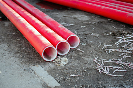 red plastic pipes, cut into sections, lying on the ground. This juxtaposition of industrial waste highlights themes of consumption, environmental impact, and the lifecycle of materialsの写真素材