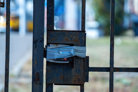 aging access control device, encased in armored tape, stands guard on a metal fence. This relic of security technology highlights the evolution of safety measures over timeの写真素材