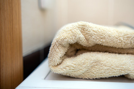pristine terrycloth towel rests elegantly on a washing machine, symbolizing freshness and cleanliness in domestic life. It invites warmth and comfort, embodying the simple joys of homeの写真素材