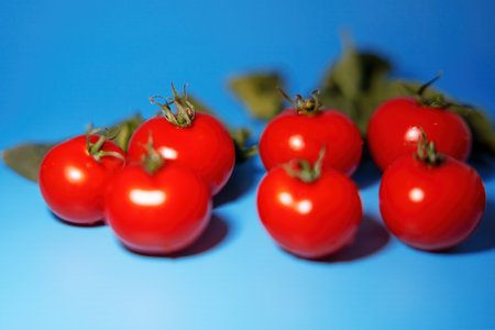 Juicy red tomatoes cluster with vibrant green leaves against a soothing blue backdrop, symbolizing...