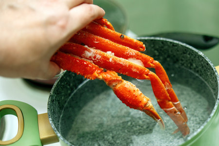 person's hand places frozen cooked crab legs into a green pot filled with water for reheating. The scene showcases a culinary preparation processの写真素材