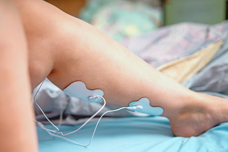 Electrodes of a muscle stimulator placed on the calf muscle to enhance muscle tone and strength,...