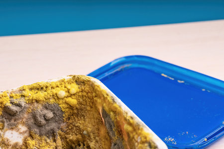 vibrant yellow and gray mold growing inside a processed cheese box, showing the effects of spoilage...