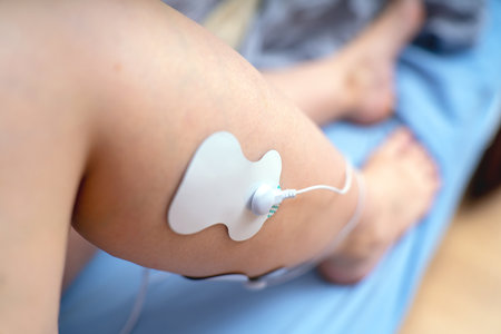 EMS electrodes attached to a womans leg for muscle stimulation therapy and fitness recoveryの写真素材
