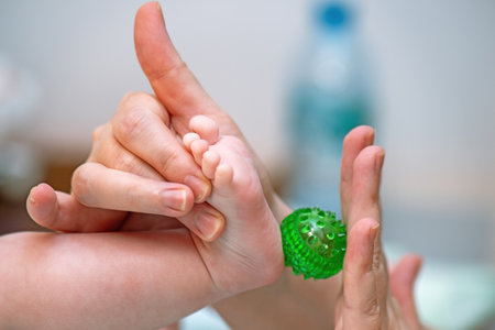 A childs foot receives therapeutic massage with a green spiky Su-Jok ball for reflexology and sensory stimulationの写真素材