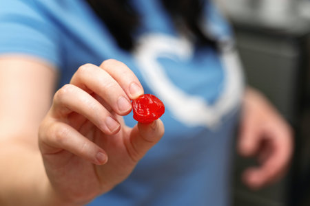 Womans hand holding a vibrant red dried cherry berry, showcasing natural sweetness and healthy...