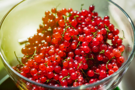 Glass bowl filled with fresh red currants, showing vibrant summer berries in natural light for...