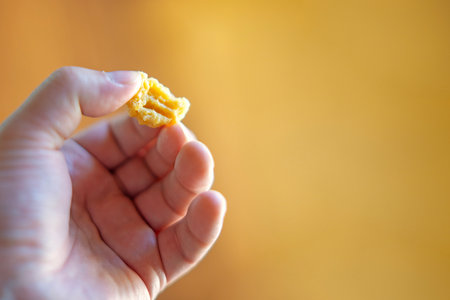 Sunlit hand holding chewed beeswax from honeycomb, used as natural chewing gum with golden organic...