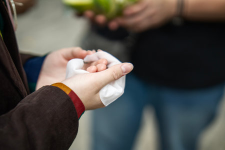 teen's hands being cleaned with a wet wipe before a snack in the park.