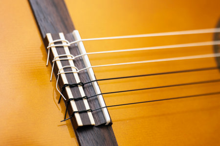Close-up of newly replaced and taut strings on a classical six-string guitar.