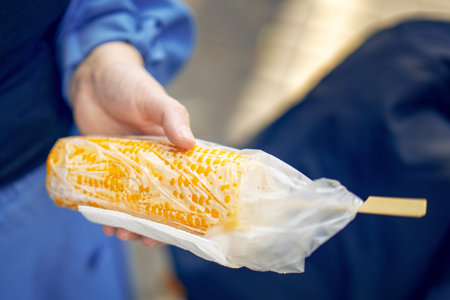 Woman holding a boiled corn on the cob wrapped in a plastic bag for freshness.の写真素材